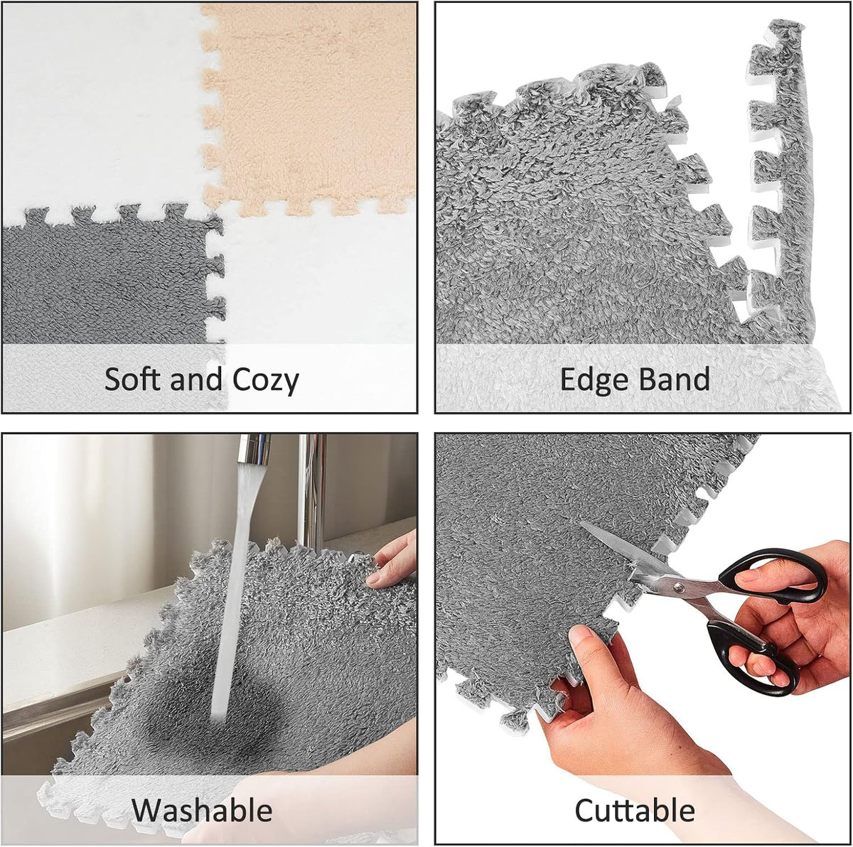Amylove 18 Pcs Plush Foam Interlocking Carpet Tiles, Beige, Pink - White, Light Gray, Camel - image 3