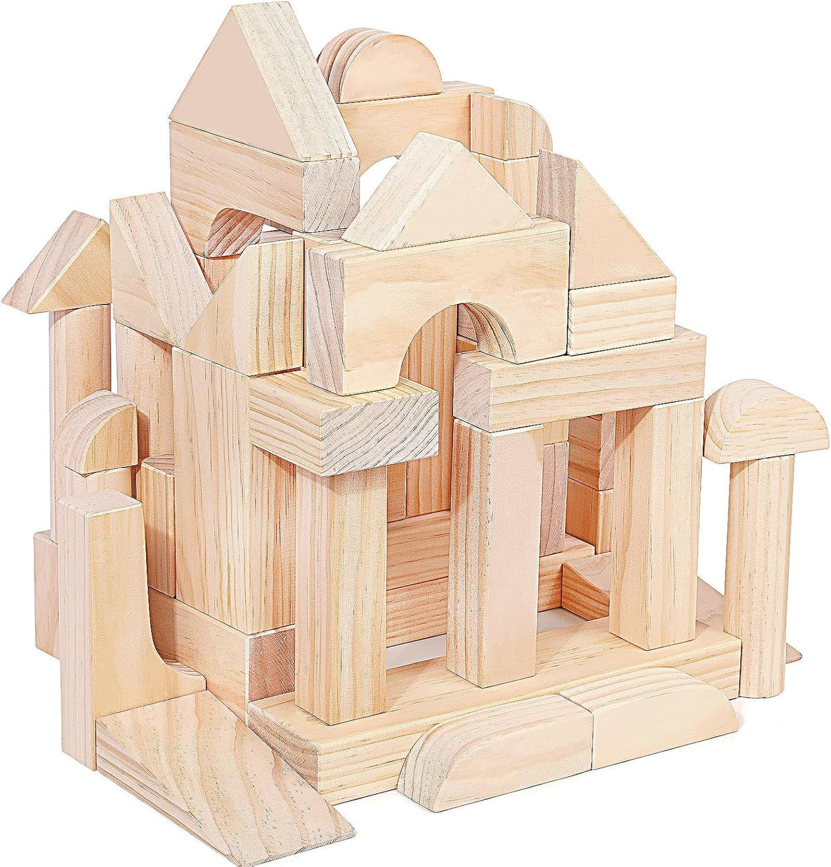 Migargle 64-piece large hardwood building blocks set in a wooden storage tray