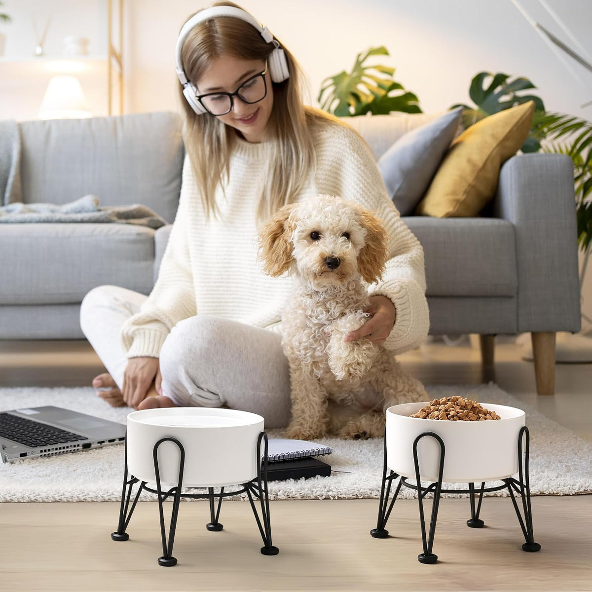 Elevated Dog Bowls, Ceramic Raised Dog Bowl Set with Anti-Slip and Non-Tip Metal Stand, 2 Pack Pet - White / 3.6 Cups | 2 Pack | For Medium Dogs - image 3