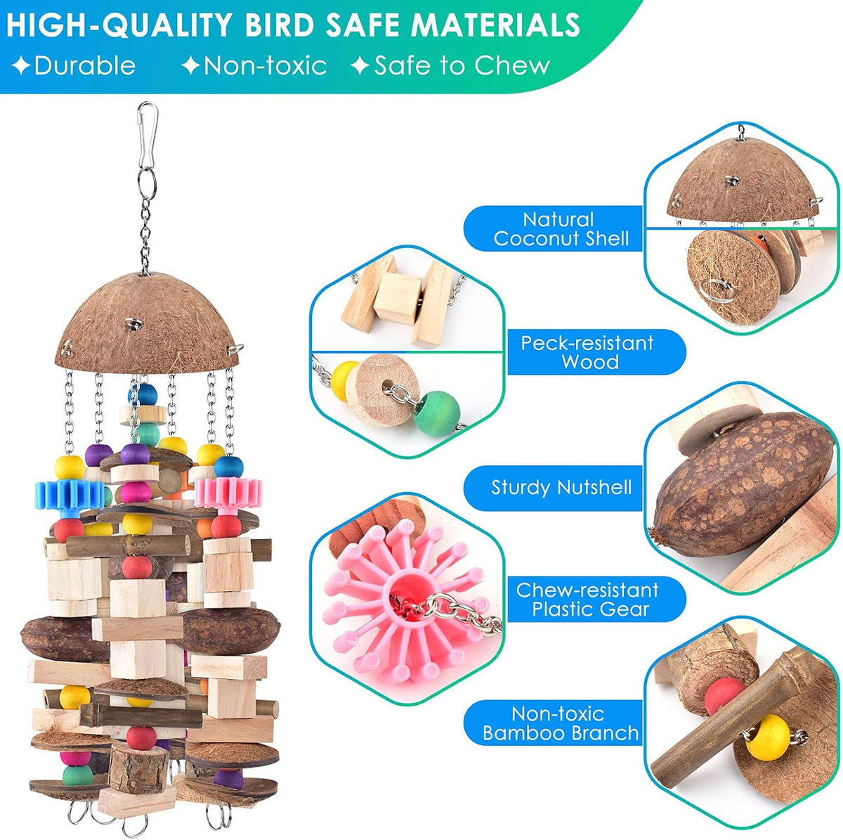 KATUMO Bird Toy, Large Parrot Natural Wooden Blocks Chewing Toy Suits for African Grey Cockatoos - Nutshell - image 3