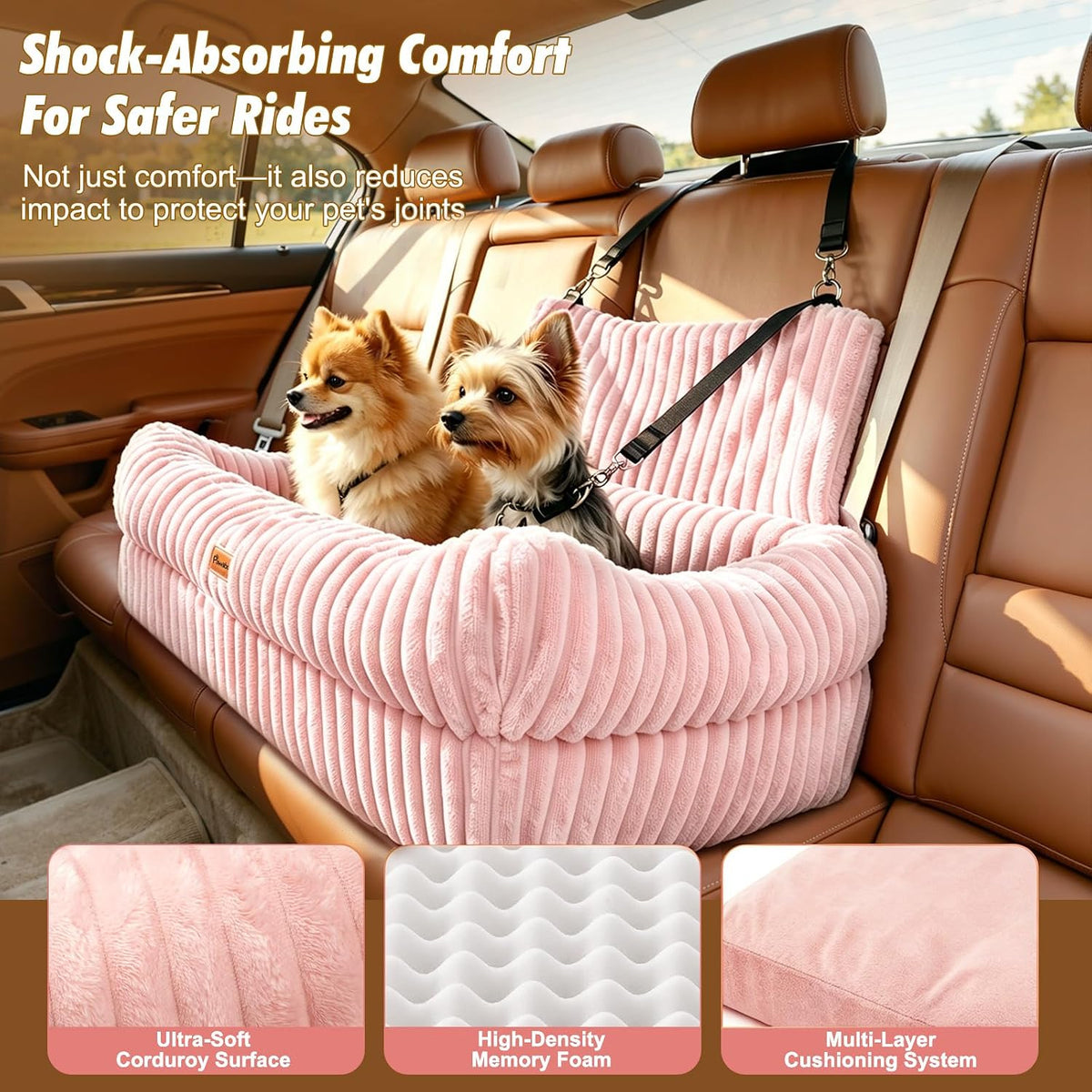 Pawaboo Dog Car Seat Bed, Memory Foam Booster for Medium/Large Dogs, Beige – Essentials for Dogs - Light Pink - image 4