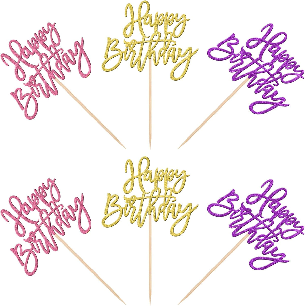 24 PCS Happy Birthday Cupcake Toppers Glitter Picks for Celebrating - Gold Purple Pink - image 3