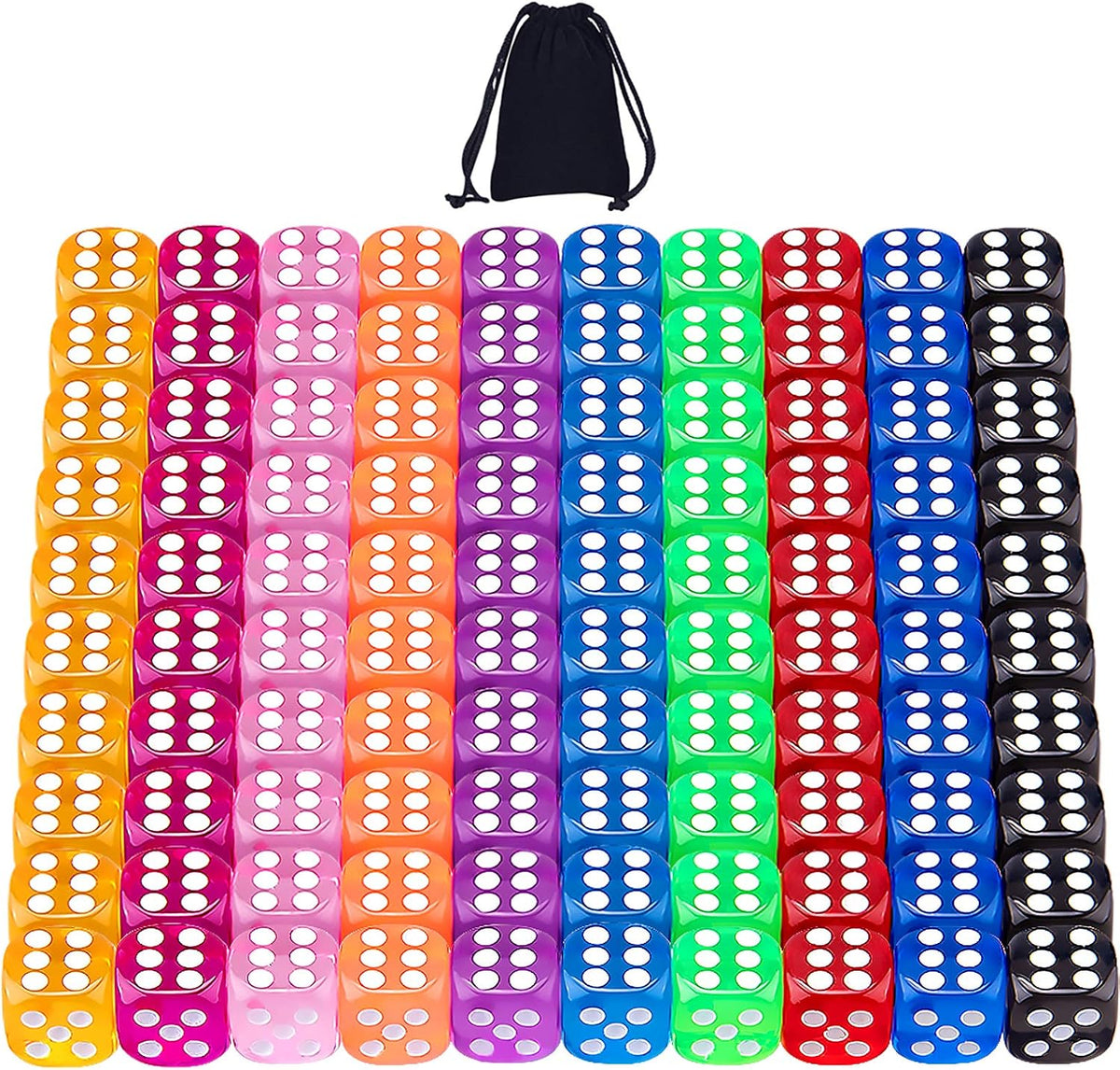 AUSTOR 100 Pcs 12mm Dice 6 Sided Game Dice Set with a Drawstring Pouch – Fun for Kids & Family - Translucent Rounded, 12mm