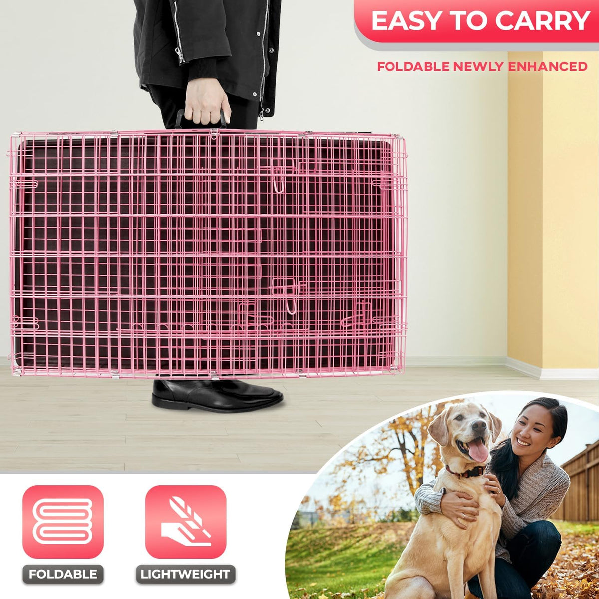 FDW, 48" Foldable Metal Dog Crate, Cage for XL Dogs - Pink / 42 Inch Double Door - image 4