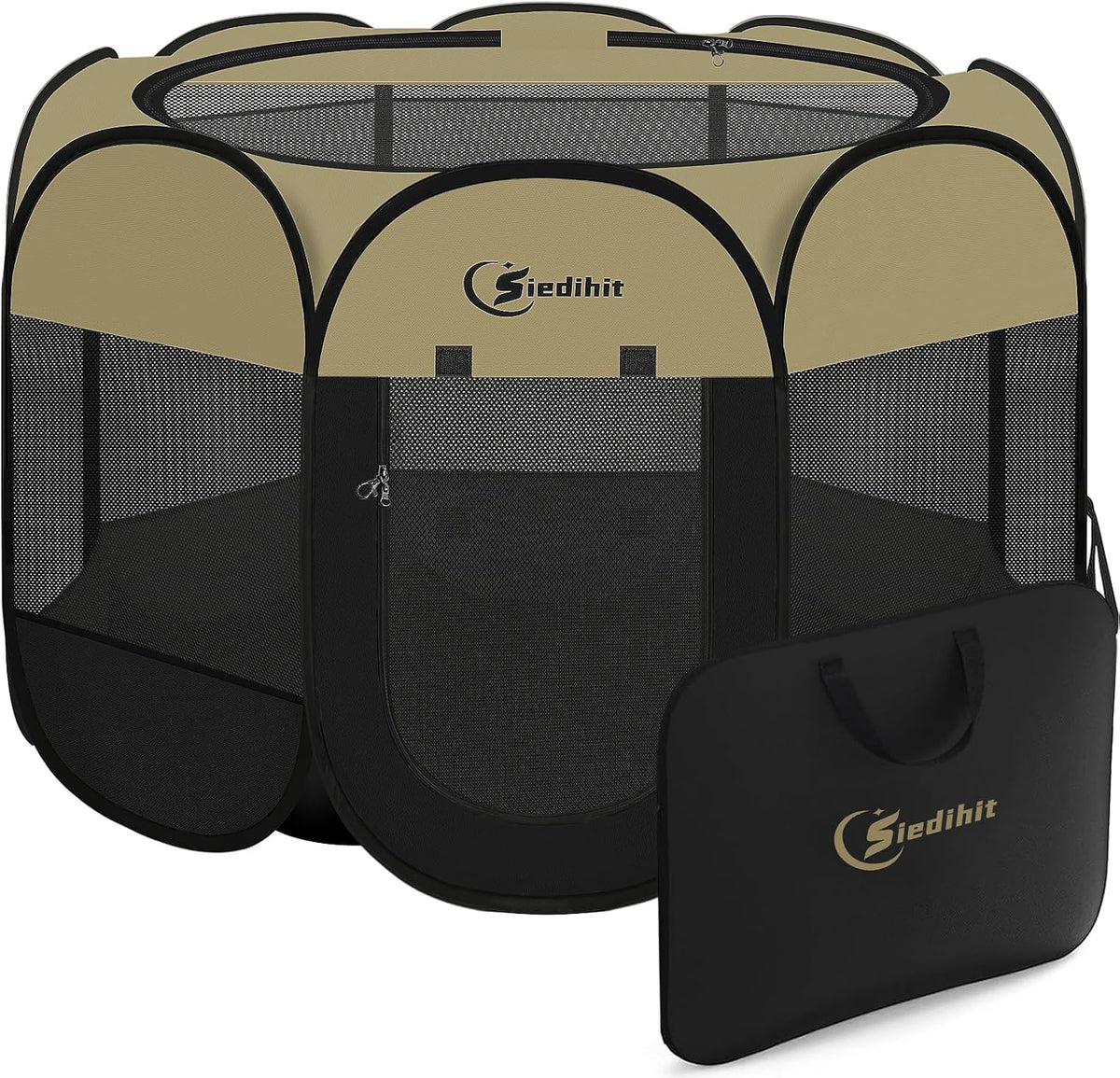 Siedihit Dog Cat Playpen, Puppy Pet Playpen Indoor for Small Dog Crate Tent Cage Outdoor, Portable - Black Khaki / Extra Large