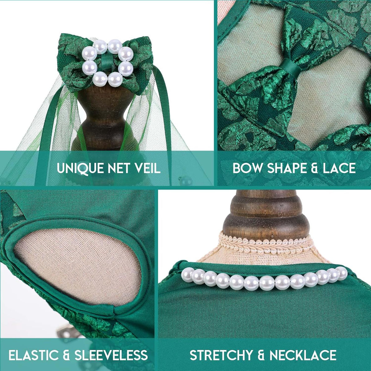 ASENKU Dog Dress, Dog Wedding Dress with Bows, Veil Attachment - Green / X-Small - image 3