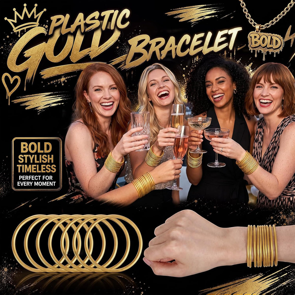 Hotop 100 Pcs Multicolor 80s Silicone Jelly Rubber Bracelets Hair Tie - Gold / 100 - image 3