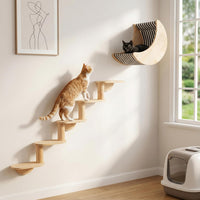 Cat Wall Shelves Set, Solid Wood Moon Bed - moon bed with 5-level stairs