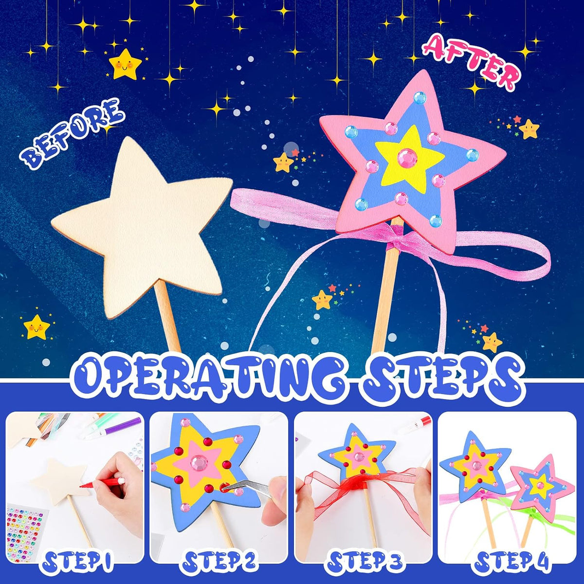 Chinco DIY wooden princess wand kit with star wands, stickers, ribbons and markers - view 4