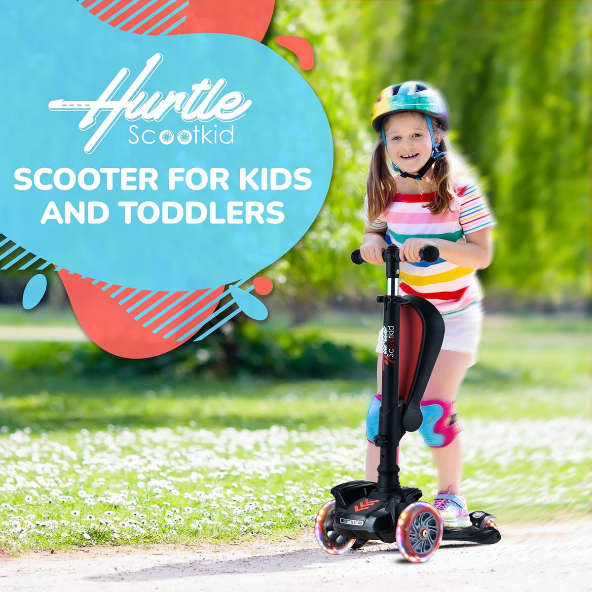 Hurtle 3-Wheeled Scooter for Kids, Wheel LED Lights - Black - image 2