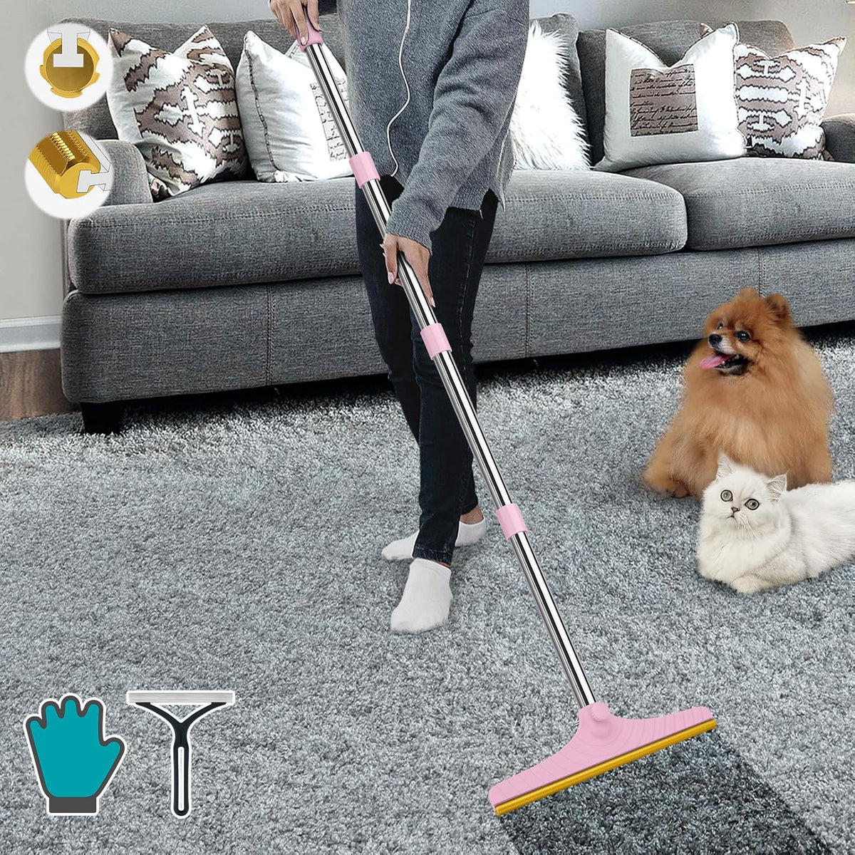 Carpet Rake for Pet Hair Removal, Reusable Carpet Scraper Broom – Essentials for Dogs - Pink