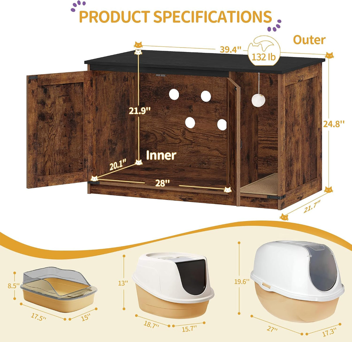 Hzuaneri Cat Litter Box Enclosure - 39.4"L x 21.7"W x 24.8"H / Rustic Brown and Black - image 4