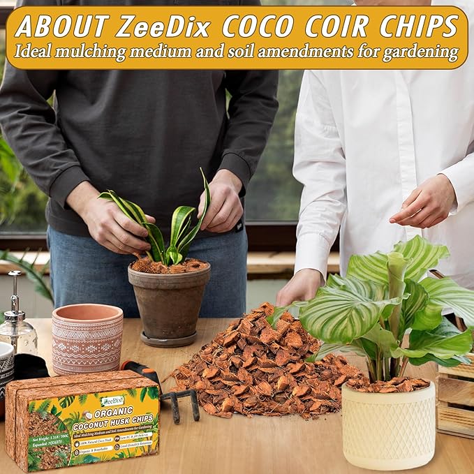 Zeedix 6 Pack Coco Husk Chips for Plants(6.6LB), 100% Organic Coconut Chips Mulch with Low EC & PH Balance, All Purpose for Indoor Plant Flowers Herbs Vegetables, Reptiles Terrarium Tanks Substrate