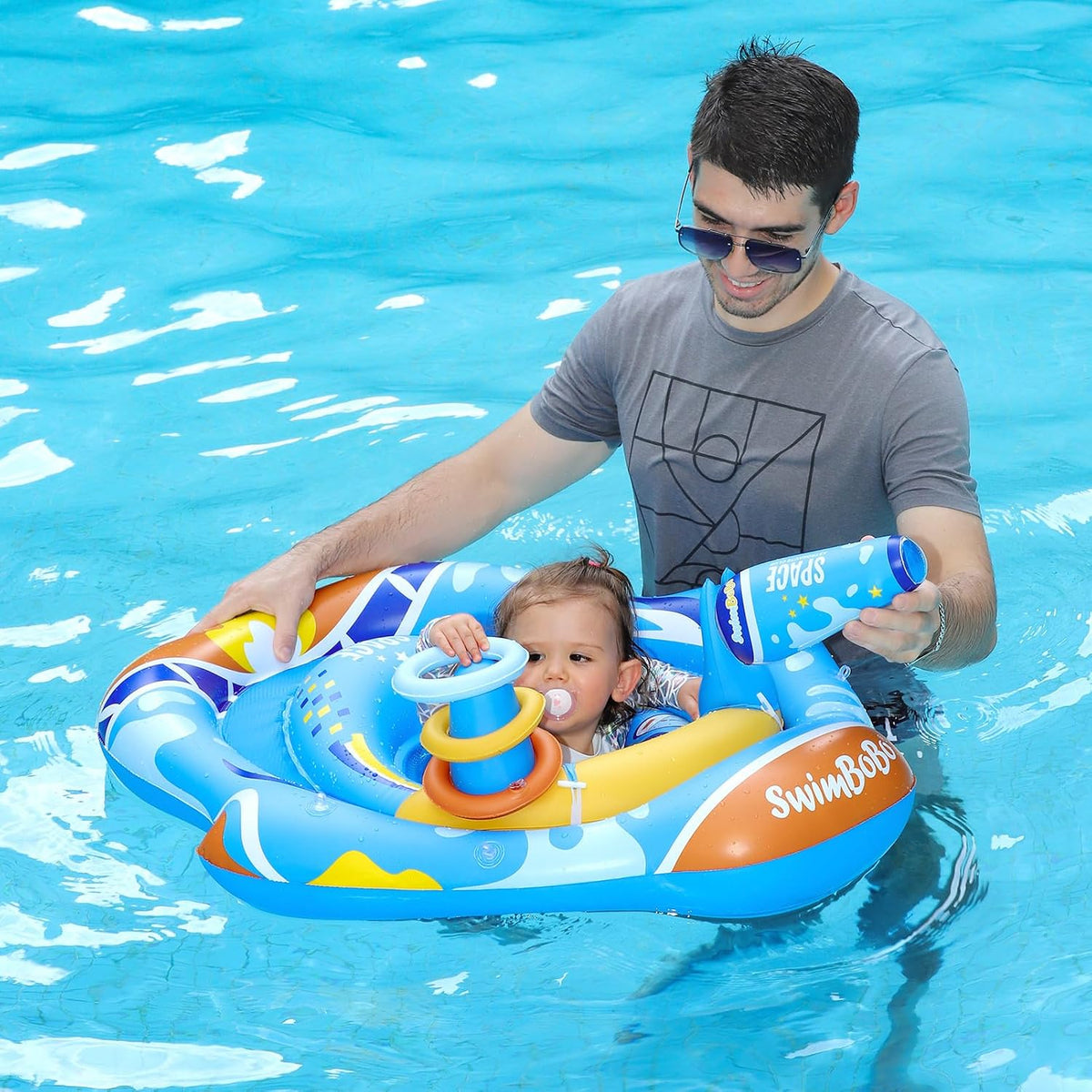 Swimbobo baby pool float with sun canopy and safety seat, Yellow Dinosaur design - view 15