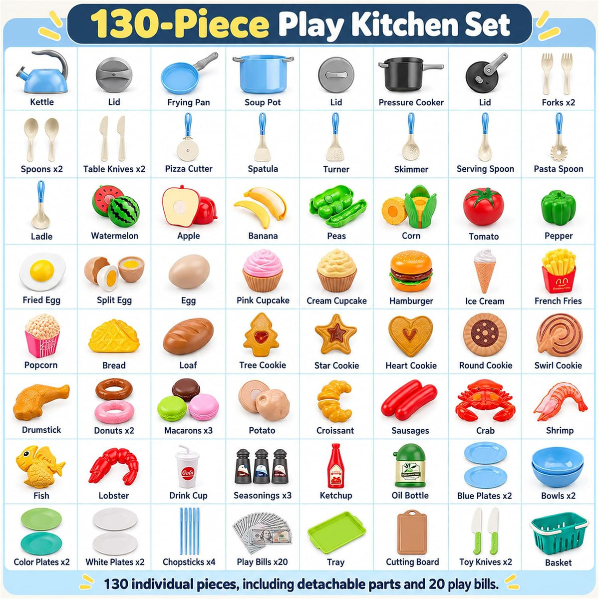 130Pcs Kitchen Playset, Toddler Pretend Cooking Play Pots, Pans - Blue / 130 Pcs - image 2