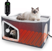 Heated Cat House for Indoor, Large Cat Bed with Heating Pad - Dark Gray / 24.5 x 16.5 x 13 "