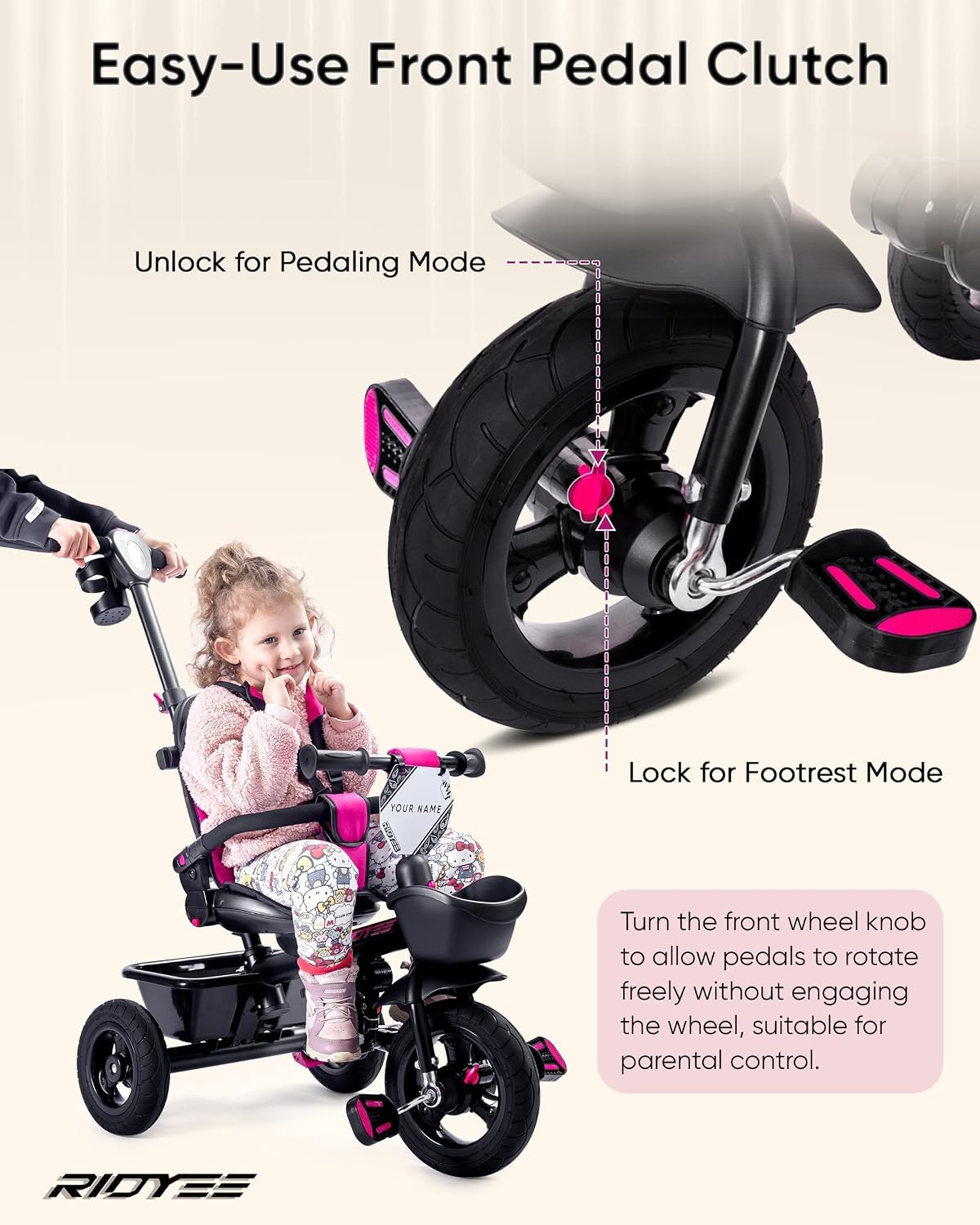RIDYEE 7-in-1 toddler tricycle with push handle, canopy and rubber tires - view 9