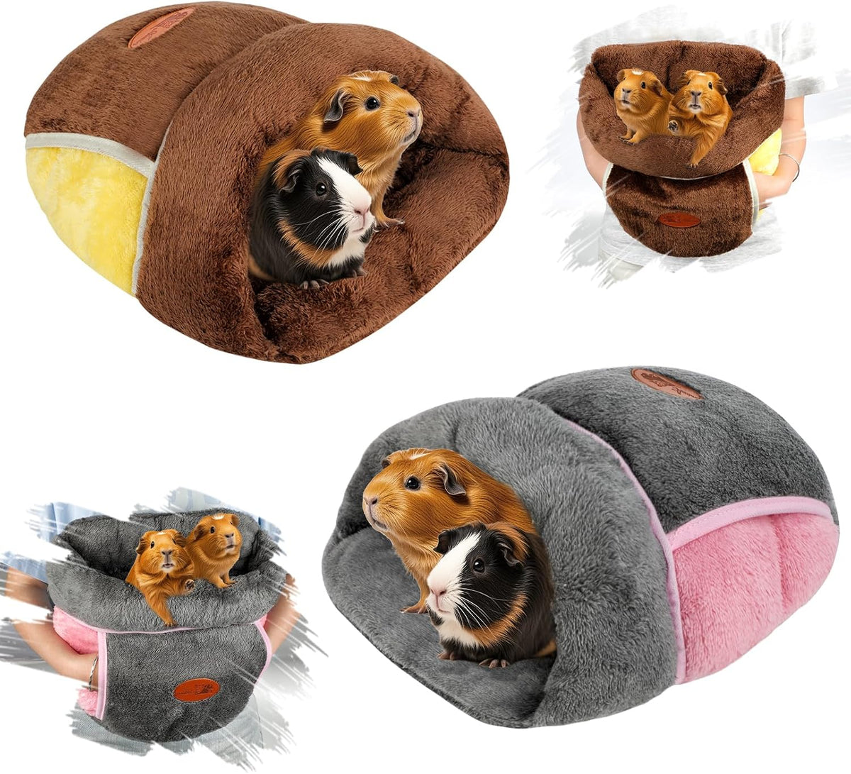 YUEPET Guinea Pig Bed Cuddle Cave, Warm Fleece Hideout - 2PCS(Grey+Brown) / 2PCS