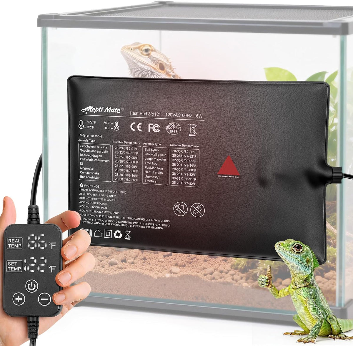 Reptile Heating Pad with Internal Sensor&Thermostat - 12”x 8” (16W)