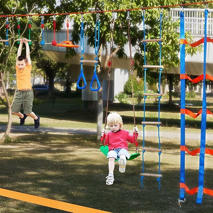 VEVOR Ninja Warrior Obstacle Course for Kids, 2 x 50 ft Weatherproof Slacklines, 500lbs Weight Capacity Monkey Line, Outdoor Playset Equipment, Backyard Toys Training Equipment Set with 12 Obstacles