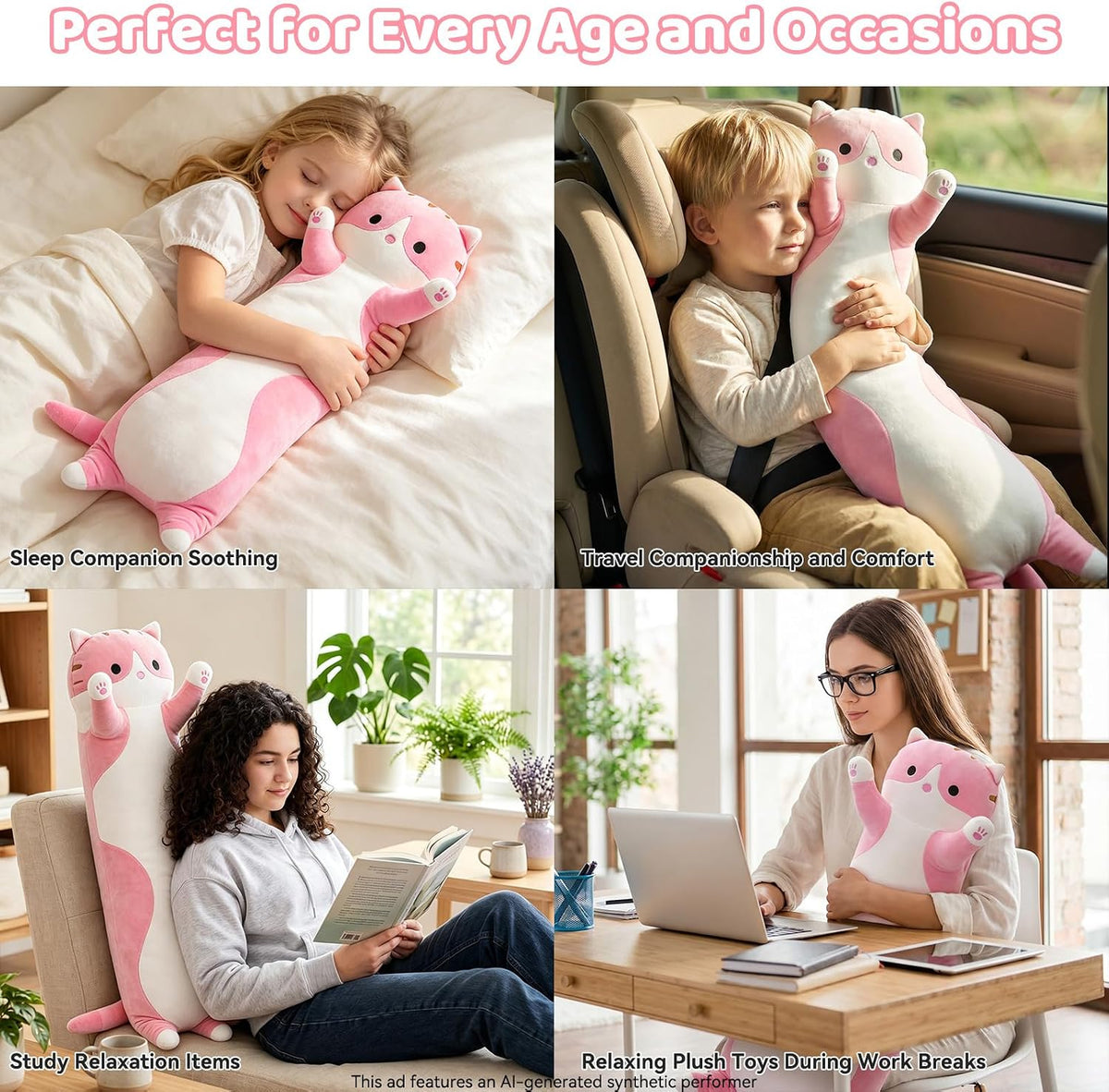 Cute Long Cat Plush Body Pillow, Soft Stuffed Animals 19.7 Inch – Fun for Kids & Family - Pink / 59 inches - image 3