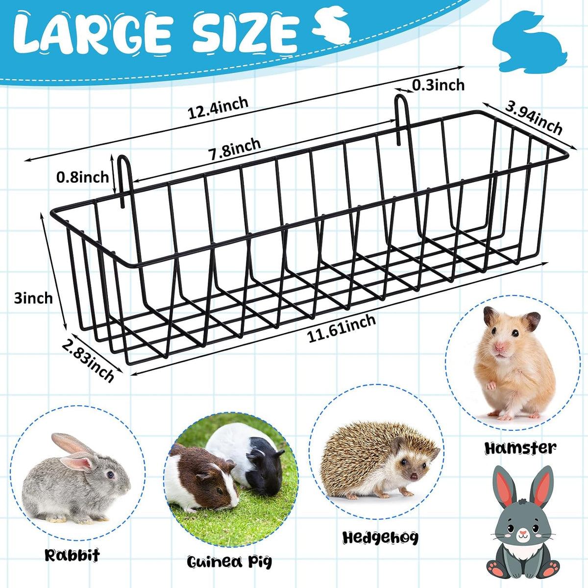 Therwen 4 Pcs Rabbit Hay Feeder Guinea Pig Heavy Duty Metal Frame Hay - 12.4 x 3.9 x 3 Inches - image 2