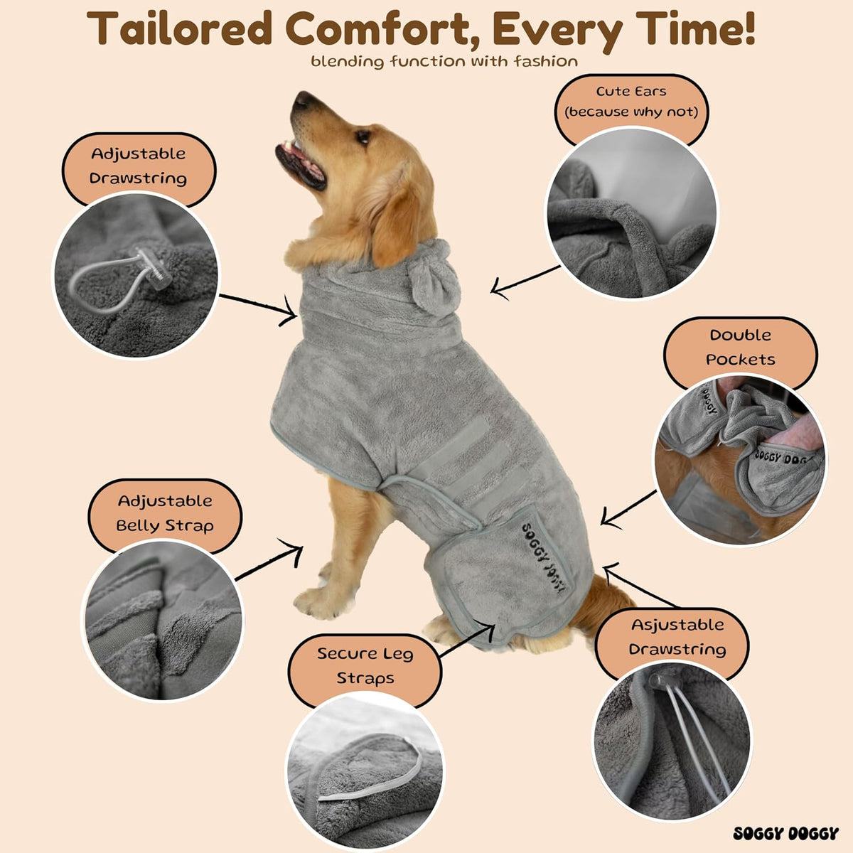 SOGGYDOGGY US: Luxury Dog Bathrobe - Gray / M (17-24in) - image 3