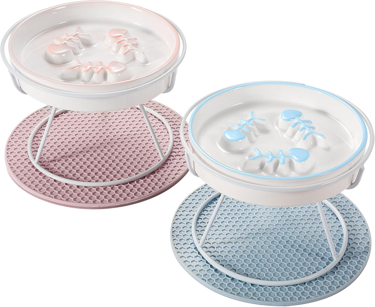 Ceramic Elevated Slow Feeder Cat Bowl, Anti Vomit - Pink+Blue