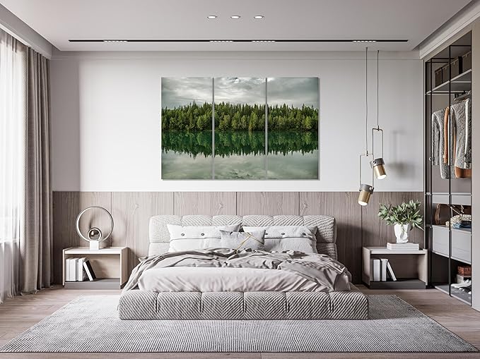 Nature Wall Art Prints - Ocean Forest Mountain Lake Canvas Landscapes - Small to Extra Large Living Room Bedroom Kitchen Bathroom Décor (Forest Reflection, 47L" x 71W" - 3 panels)