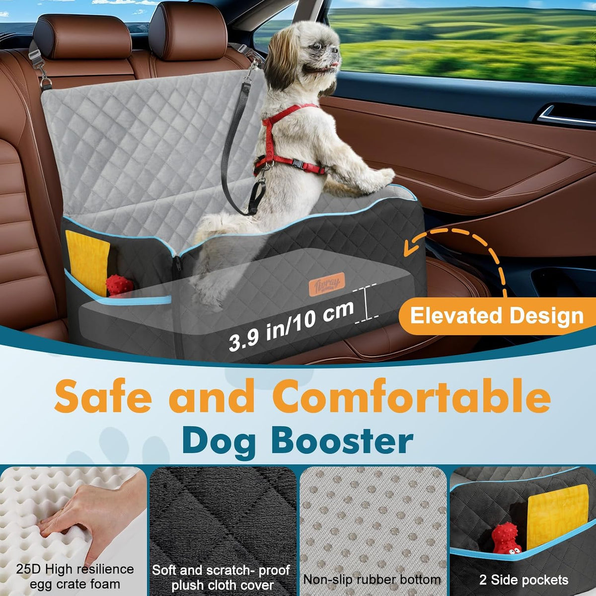 Dog Car Seat for Medium Dogs Up to 60 lb, Thick Cushion - Black & Gray / L - image 3
