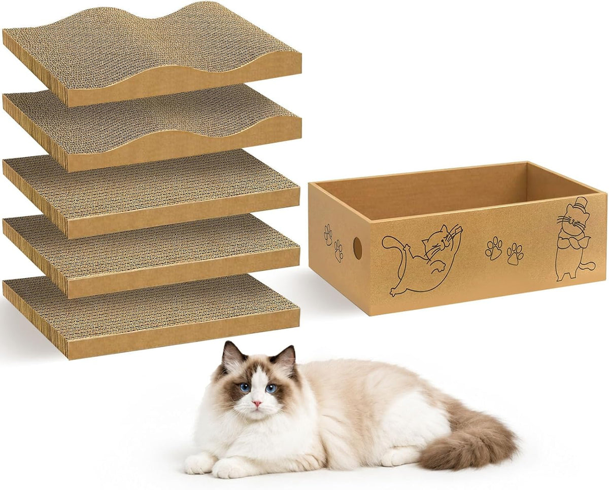 Cat Scratcher, 5 Packs in 1 Cardboard Box Cat Scratching Pad, Large – Essentials for Cats - 2 Wave 3 Flat with Box