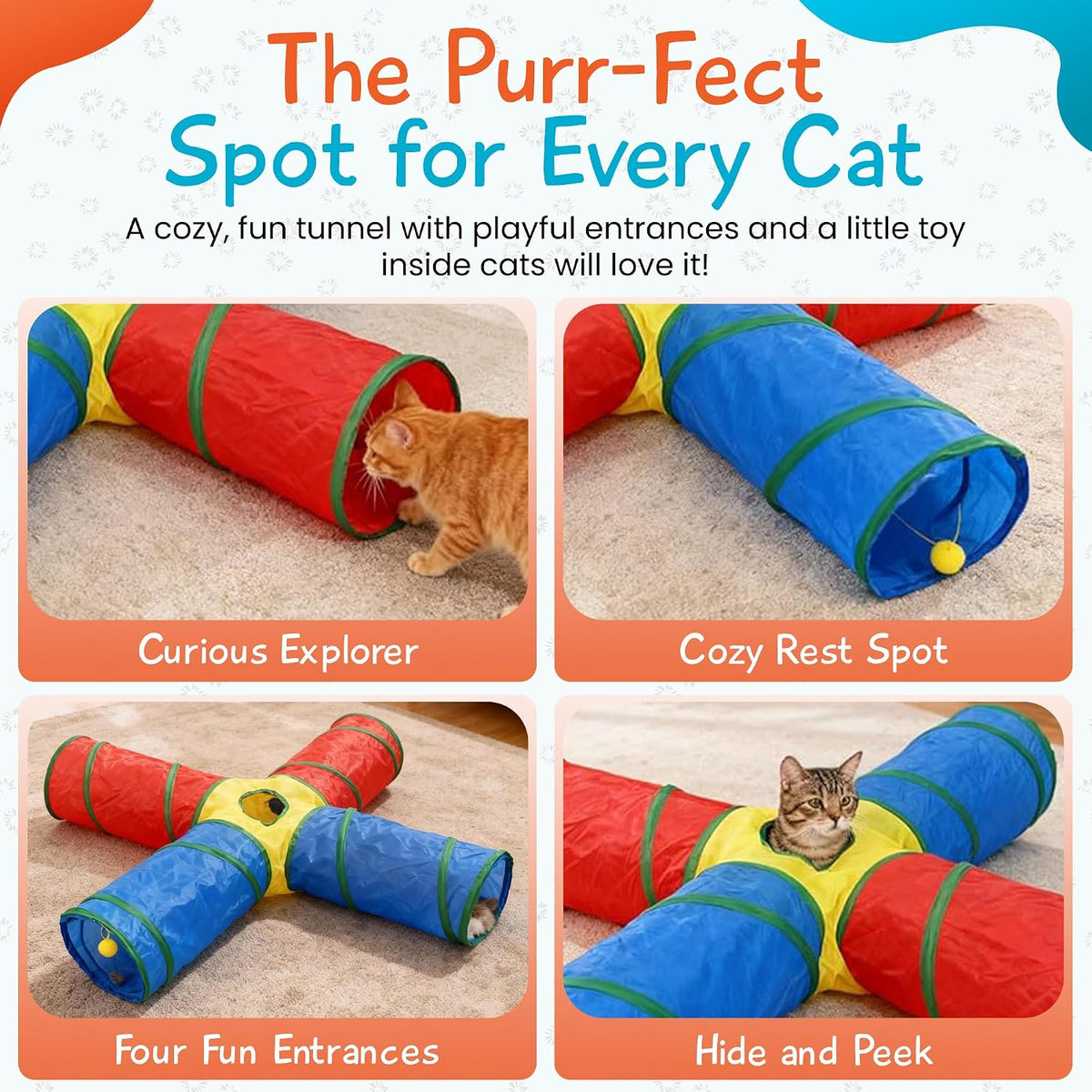 Cat Toys, 4-Way Tunnel for Indoor Cats with Peek Hole & 2 Mice - image 4