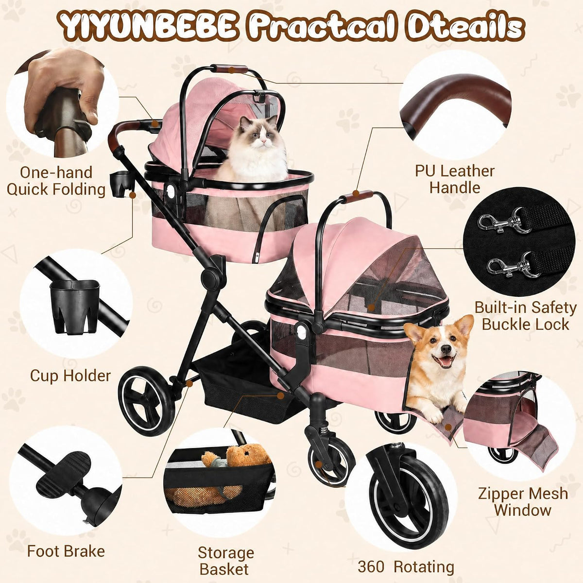 Foldable Double Pet Stroller for 2 Small Medium Cats Dogs – Essentials for Cats - Pink / Double - image 4