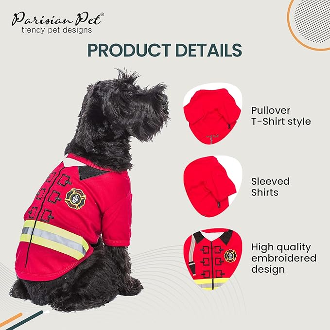 Parisian Pet Embroidered Dog Firefighter Costume - 100% Cotton and Polyester - Sleeved Pet Shirt - Red - 2XL
