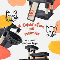 Cat Tree, 80-Inch Large Cat Tower with 9 Scratching Posts, 2 Perches, 2 Caves, 2 Basket, 2 Stairs, Extra Large Hammock, Pompoms, Multi-Level Plush Cat Condo for Indoor Cats/Smoky Grey