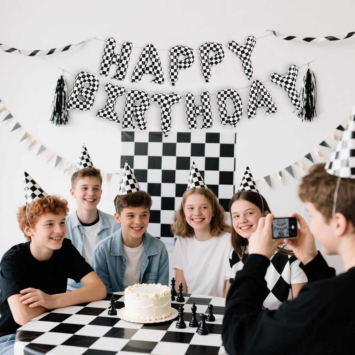 TONIFUL 16 Inch Black Happy Birthday Balloons Banner Decorations - Checkered - image 3