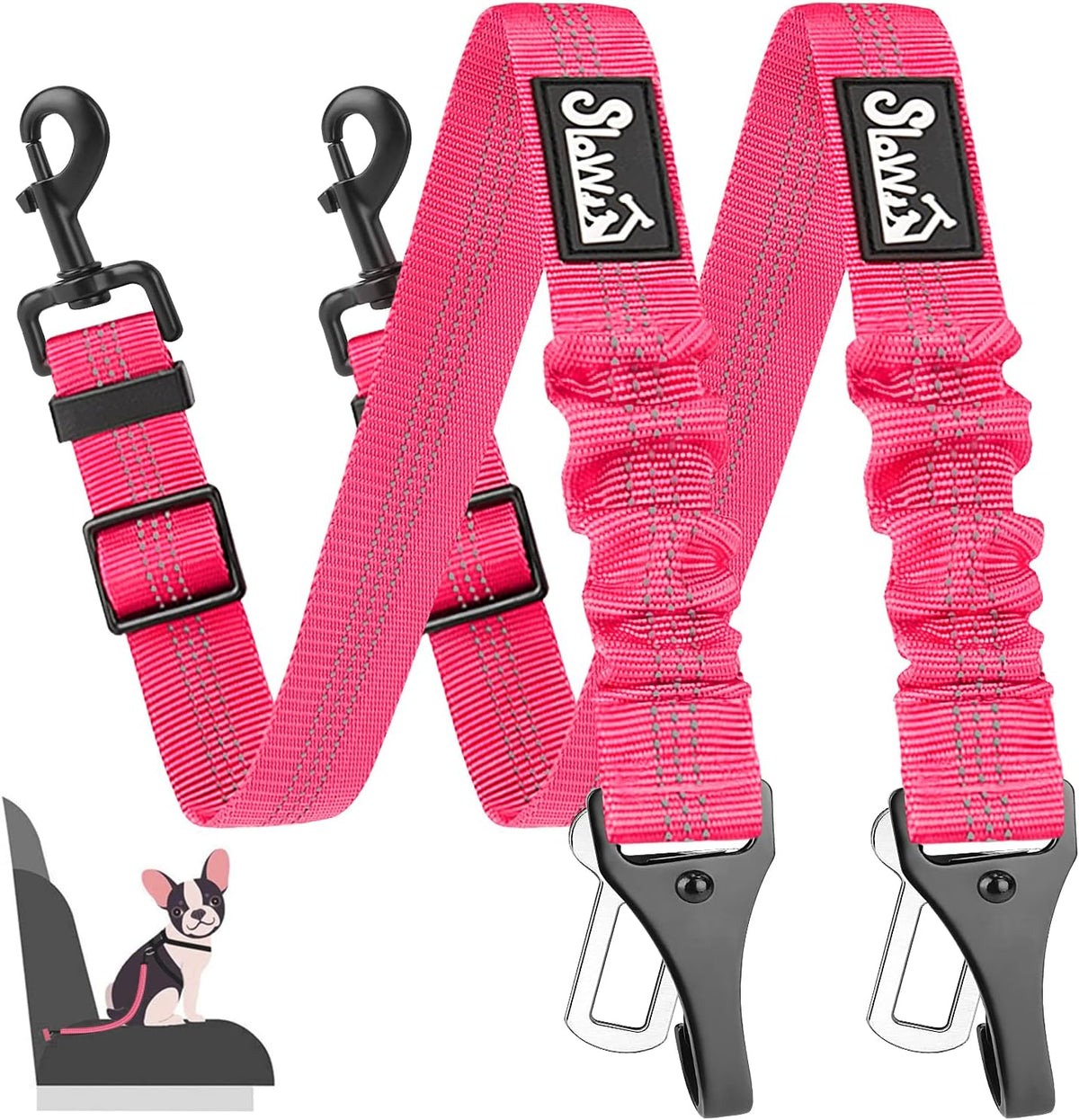 SlowTon Dog Car Seat Belt - Fluorescence Pink / 27.5in - 2 Pack