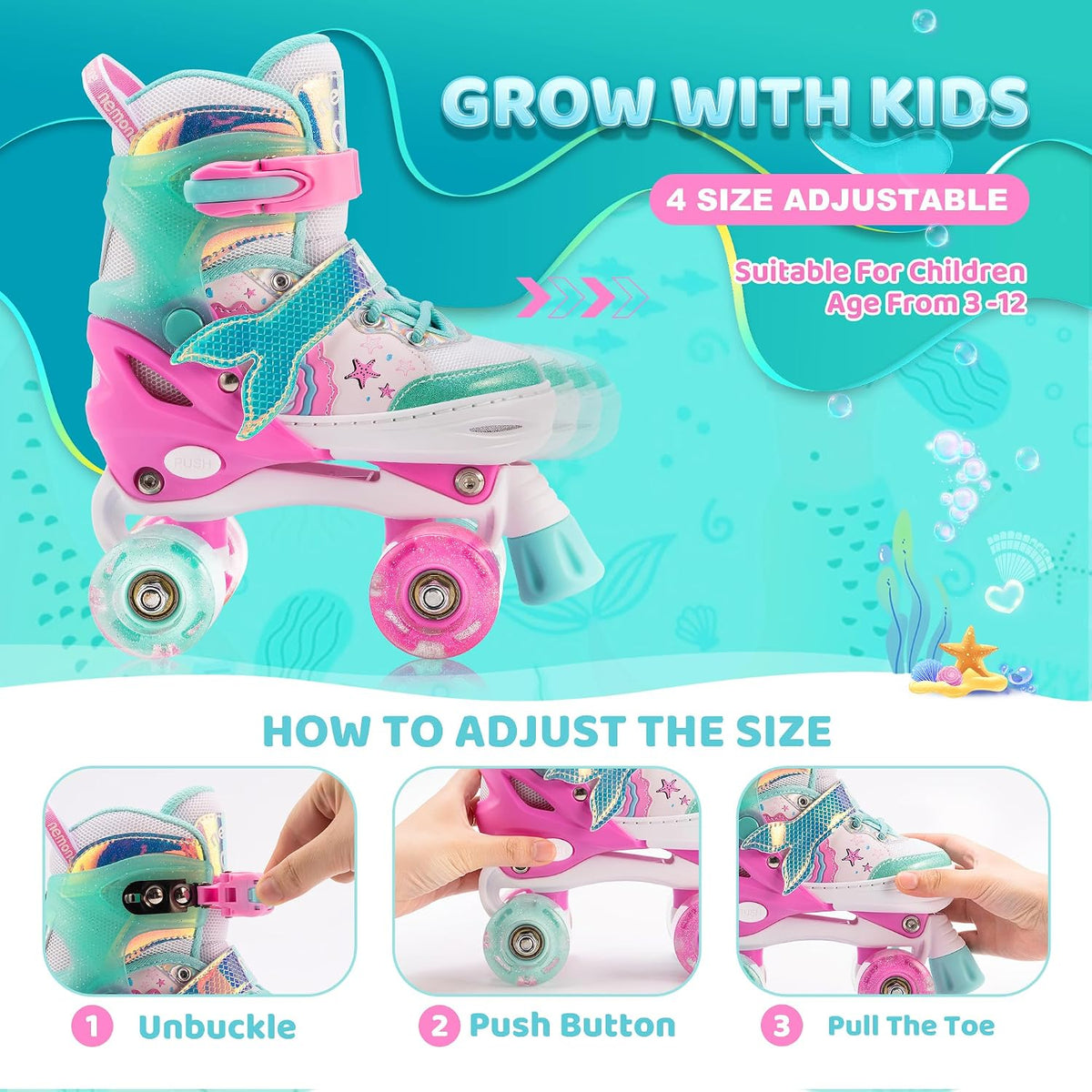 NEMONE Mermaid Adjustable Light up Roller Skates for Girls Boys – Fun for Kids & Family - C- Reef Mermaid / Large - Youth - image 2