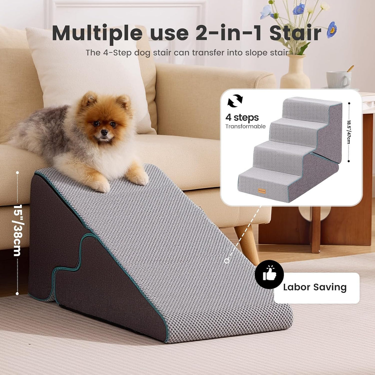 Gardner Pet Dog Stairs for Small Dogs 14" H - Grey 2in1 / 4.0 / 15.55"x24"x18.5"Deformable - image 2