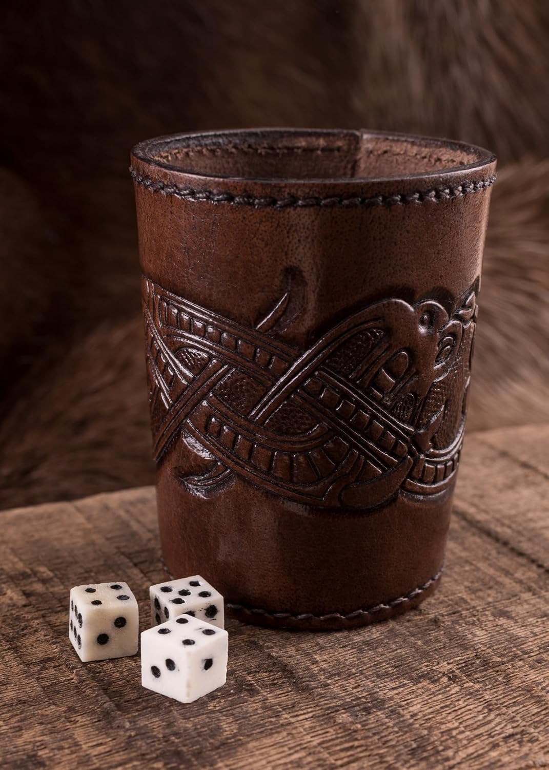 Ulfberth, Viking dice Cup with Embossed Motif, Genuine Leather - Jelling Style, Brown - image 2