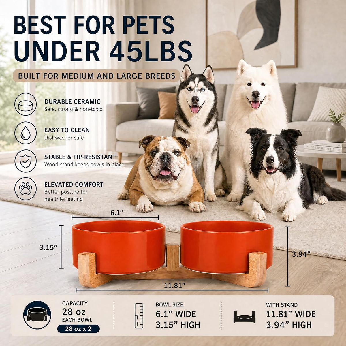 Ceramic Cat Dog Bowl Set with Stand - Rust Red / 850ML*2 - image 3