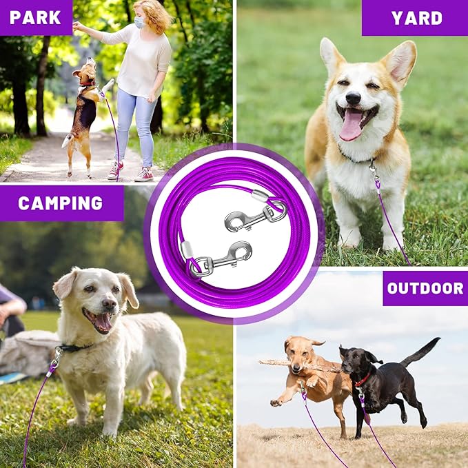 Dog Tie Out Cable 10/15/20/25/30 FT Runner for Yard Steel Wire Cable with Durable Superior Clips Purple Chains for Outside Dog Lead for Large Up to 165 Lbs