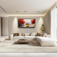 Large Cityscape Wall Art for Living Room, Framed Oversized Urban Tram Wall Decor Tree Landscape Canvas Painting Modern Artwork for Living Room Bathroom Bedroom Office Dining Room 60"x30"