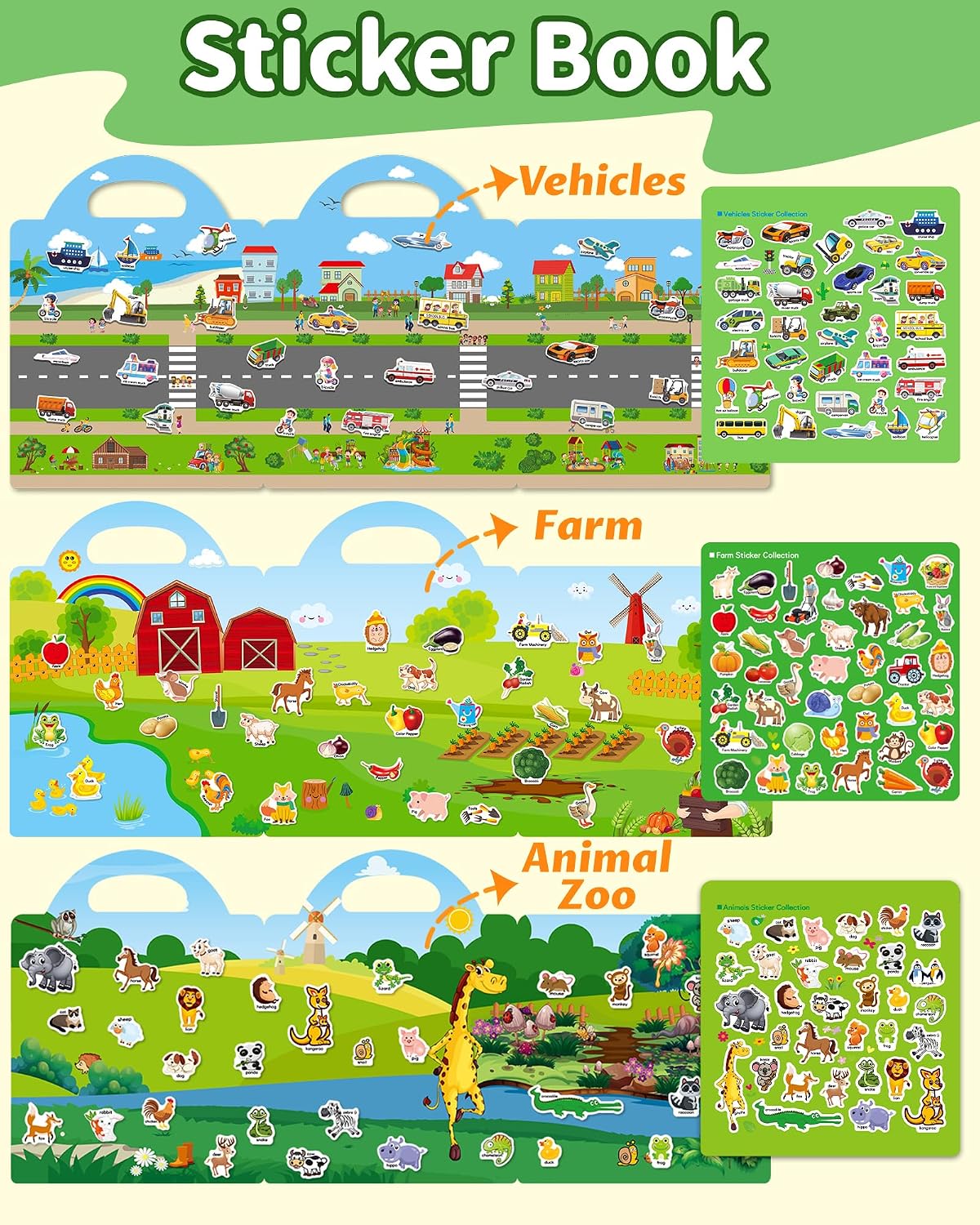 Walenced Reusable Sticker Book, Stickers for Kids - Vehicle+Animal+Farm - image 2