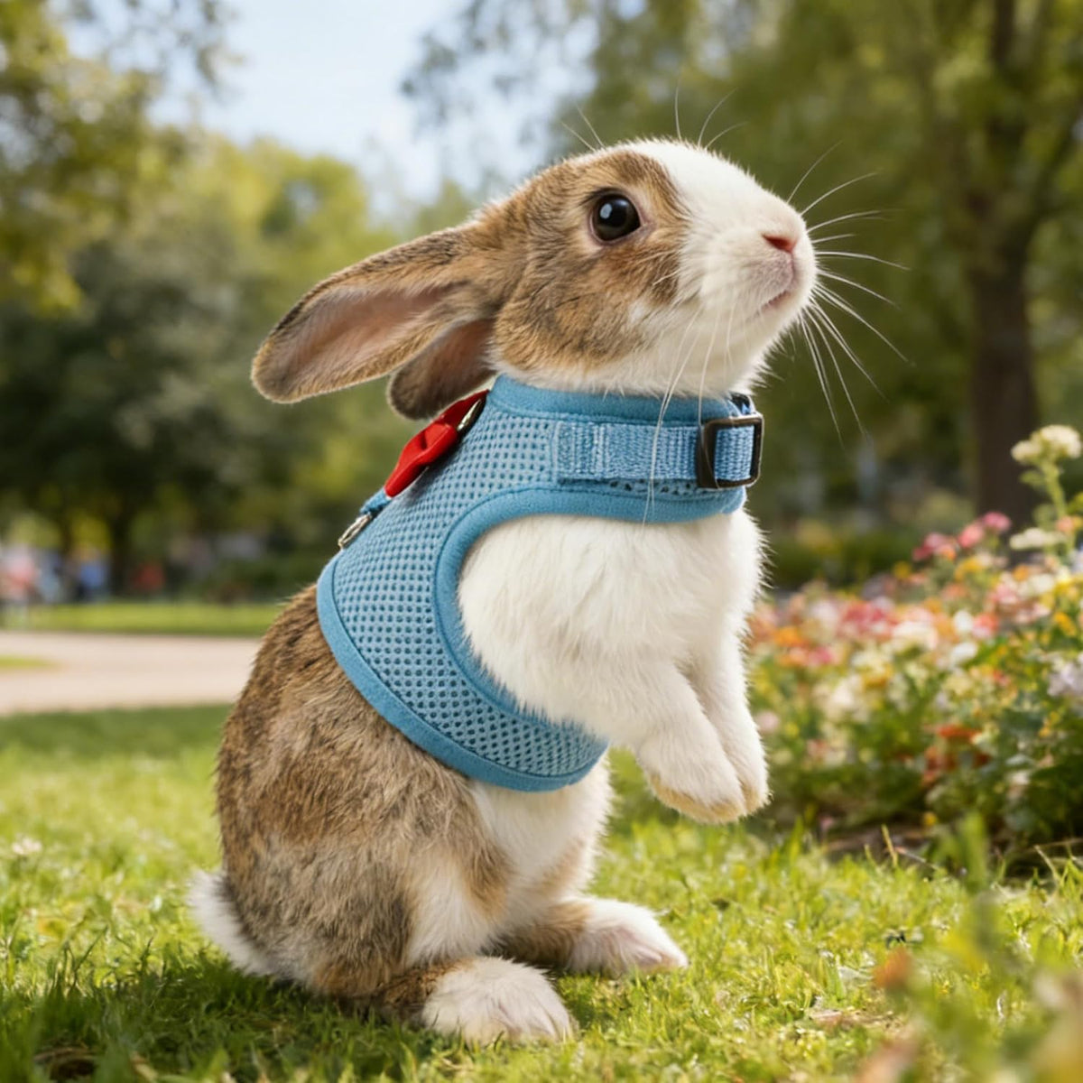 Blue padded mesh rabbit harness and leash set with bow, size M - view 4