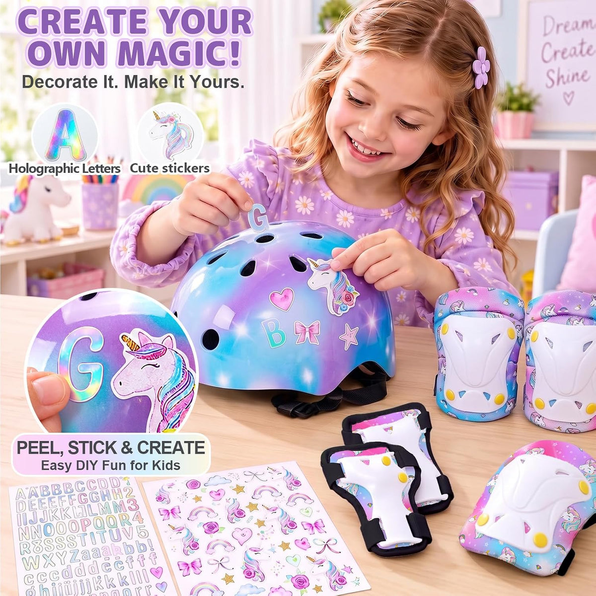 Unicorn Catcher Kids Helmet and Knee Pads Set - Blue Purple / Small: 3-8 year - image 3