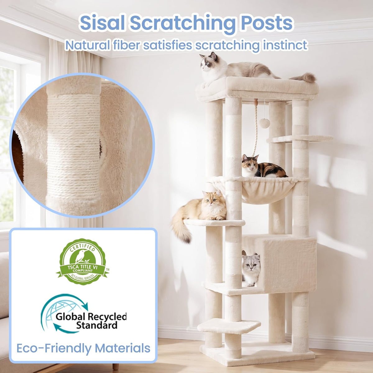 Heybly Cat Tree, 76-Inch Tall Heavy Duty Cat Tower for Big Cats HCT039G – Essentials for Cats - Beige / 60 inch - image 4
