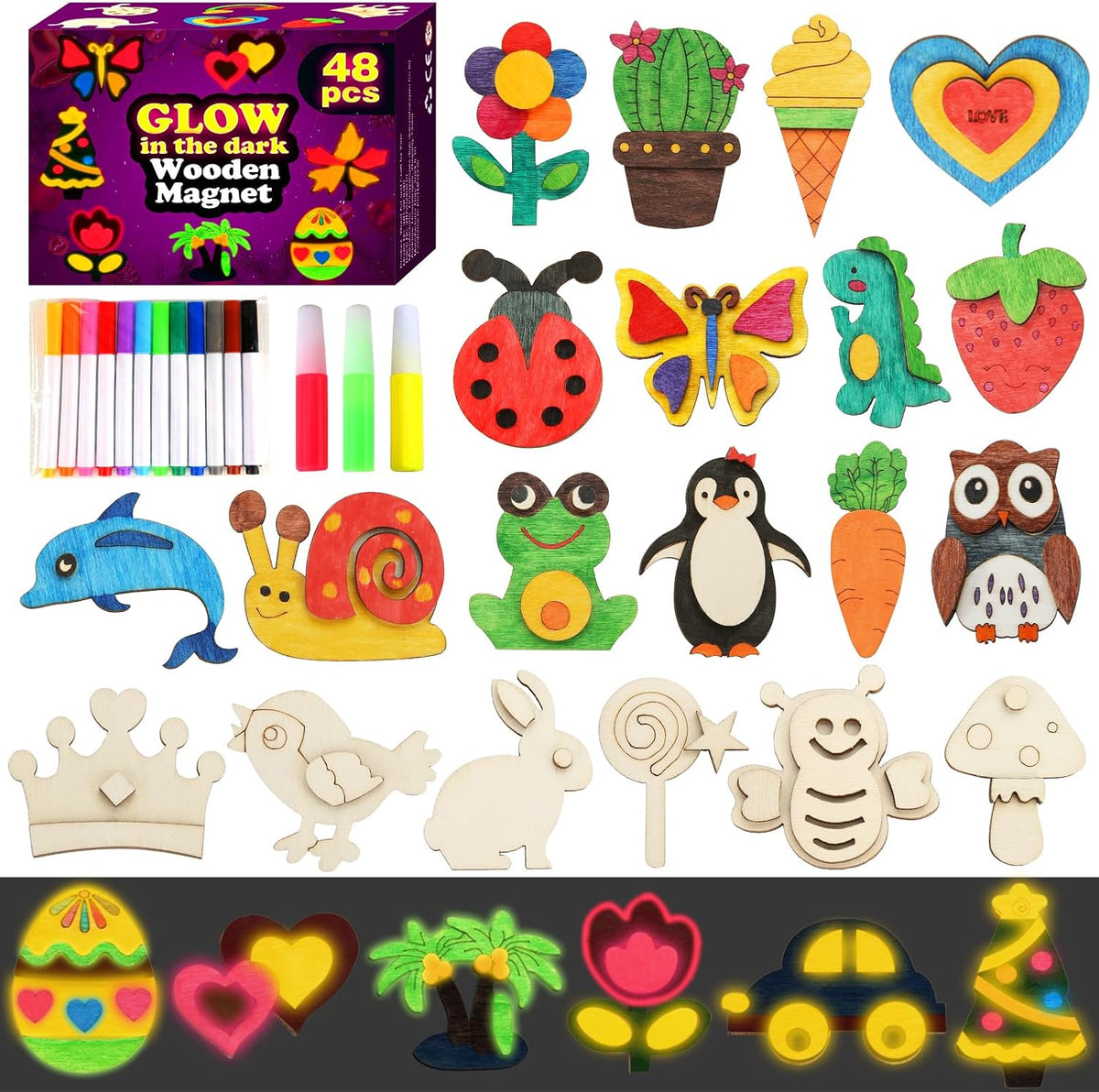 48 Pcs DIY Wooden Magnets