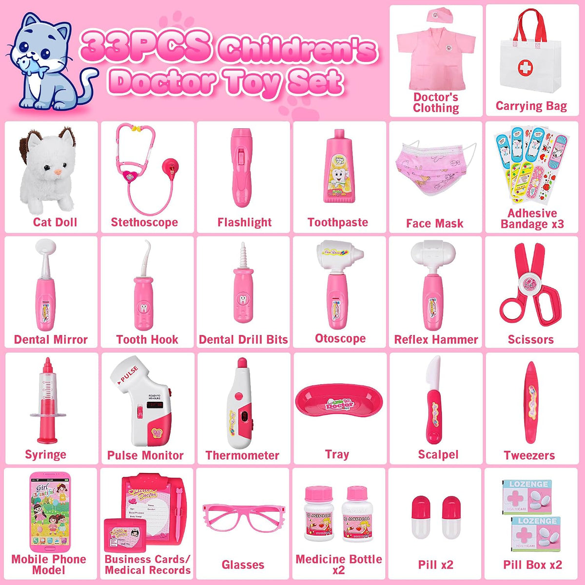 33PCS Toy Doctor Kit for Girls - Pink with Cat Toy - image 2