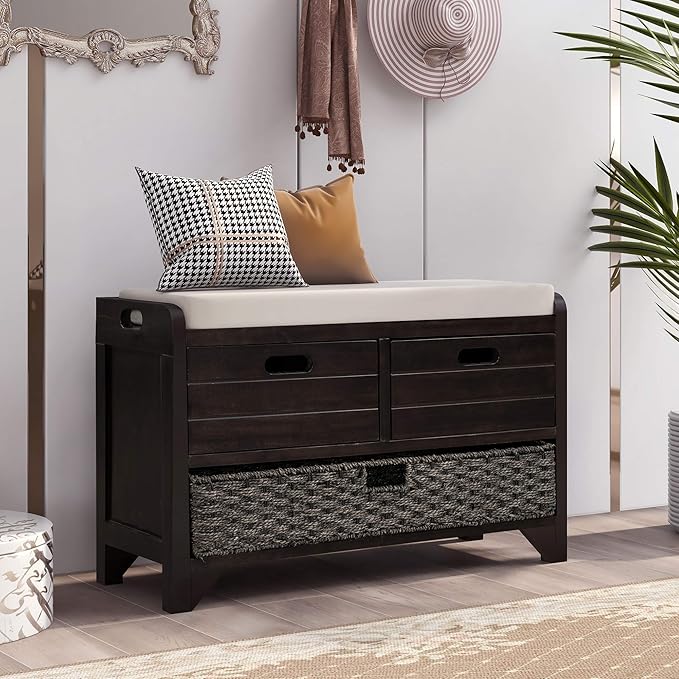 Storage Bench with Removable Basket 2 Drawers Fully Assembled Acacia Wood Shoe Bench Standing Shoe Rack Removable Cushion for Living Room, Entrance Hallway, No Assembly Required Espresso